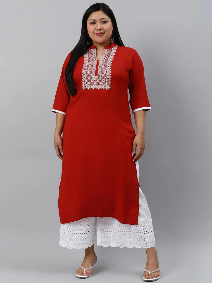 Plus Size Rust Embroidered Rayon Kurta - ShopLibas