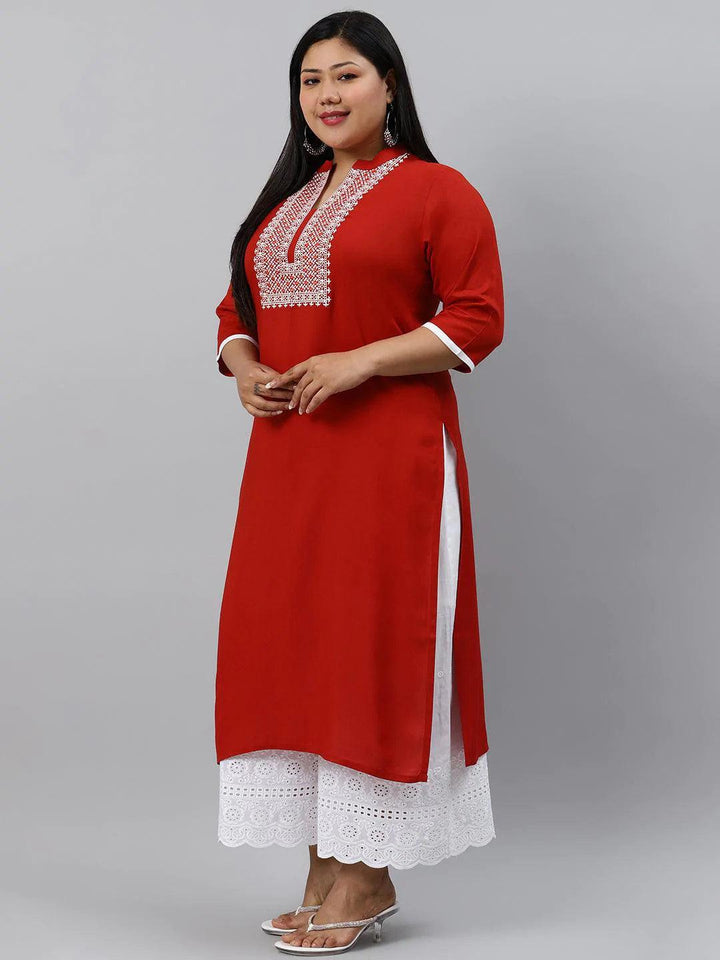 Plus Size Rust Embroidered Rayon Kurta - ShopLibas