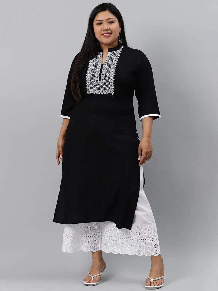 Plus Size Black Embroidered Rayon Kurta - ShopLibas