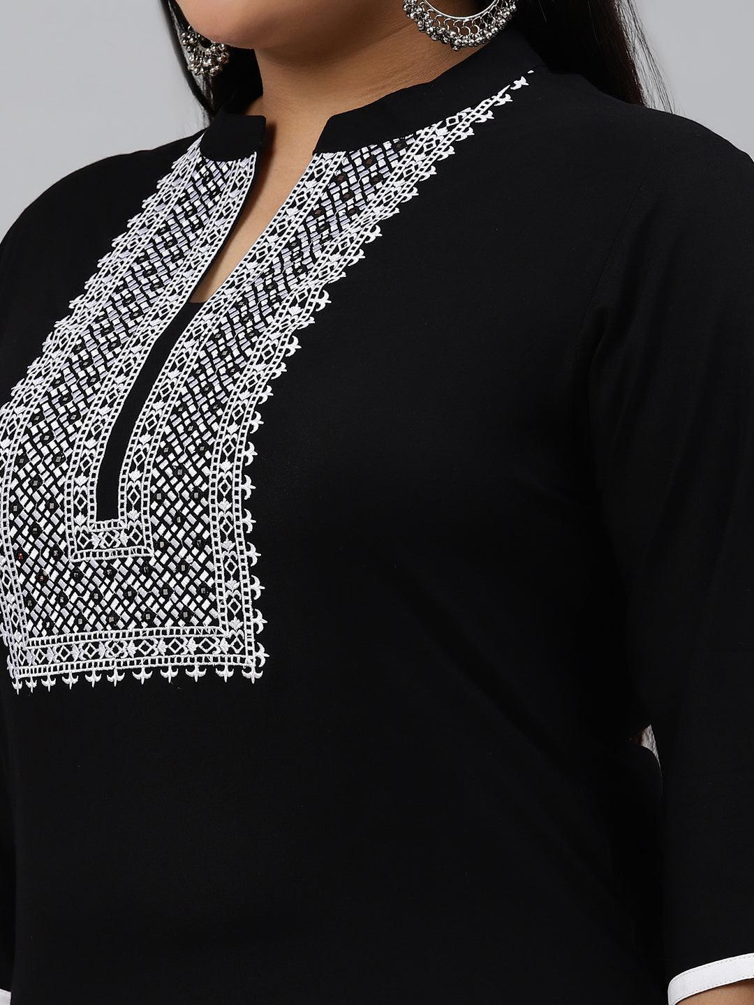 Plus Size Black Embroidered Rayon Kurta - ShopLibas