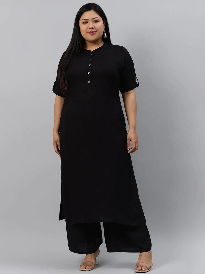Plus Size Black Solid Rayon Kurta - ShopLibas