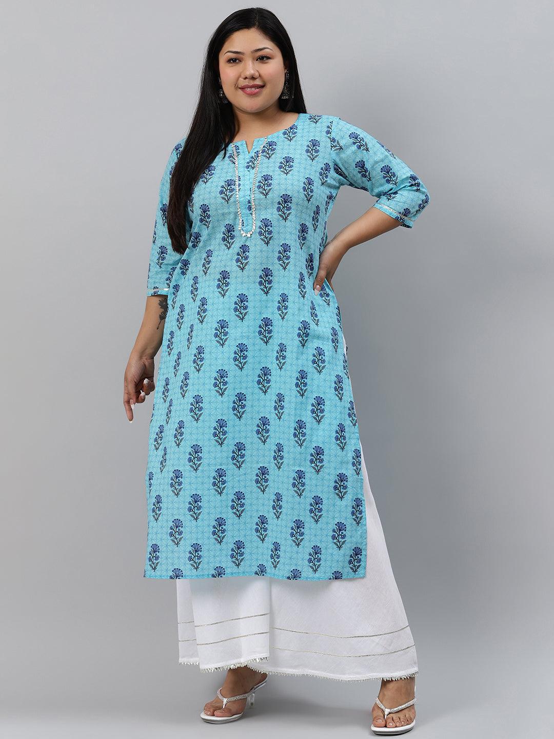 Plus Size Blue Printed Cotton Kurta - ShopLibas