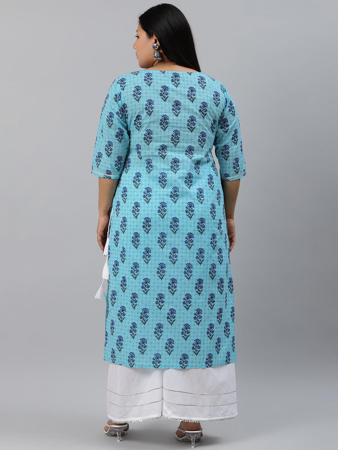Plus Size Blue Printed Cotton Kurta - ShopLibas