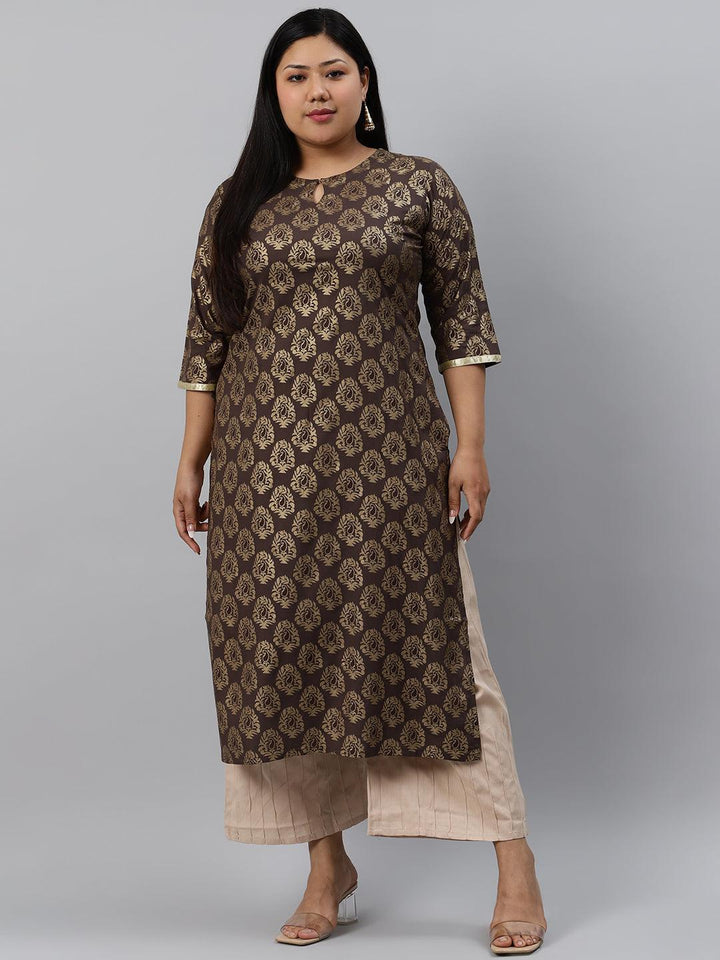 Plus Size Taupe Printed Cotton Kurta - ShopLibas