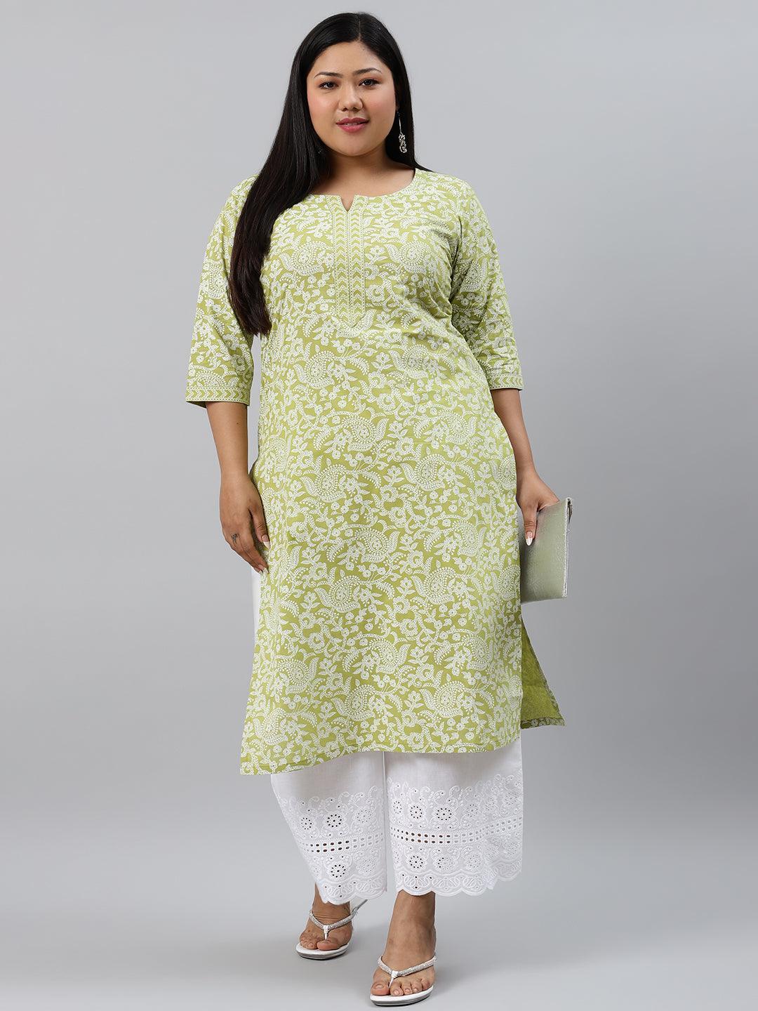 Plus Size Green Printed Cotton Kurta - ShopLibas