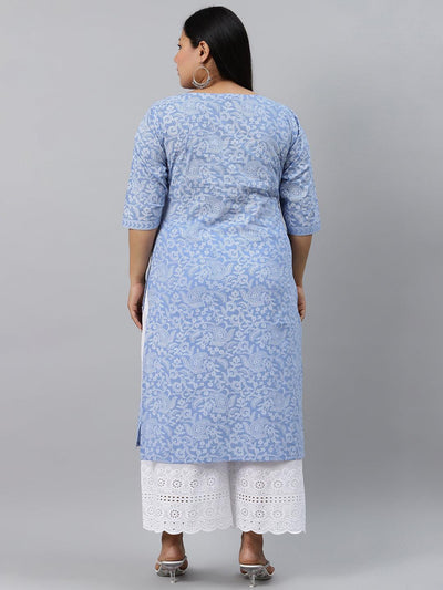 Plus Size Blue Printed Cotton Kurta - ShopLibas