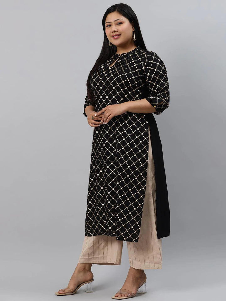 Plus Size Black Checkered Rayon Kurta - ShopLibas