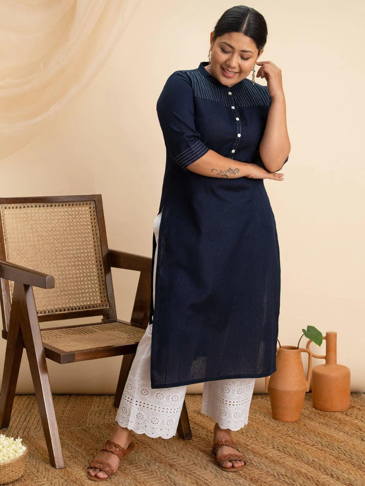 Plus Size Navy Blue Solid Cotton Kurta - ShopLibas
