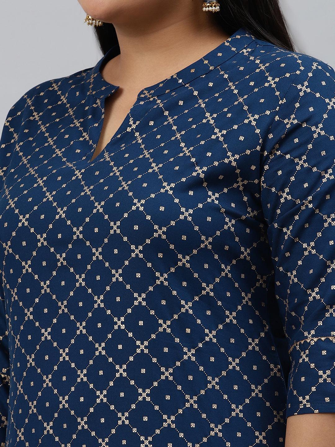 Plus Size Navy Blue Checkered Rayon Kurta - ShopLibas
