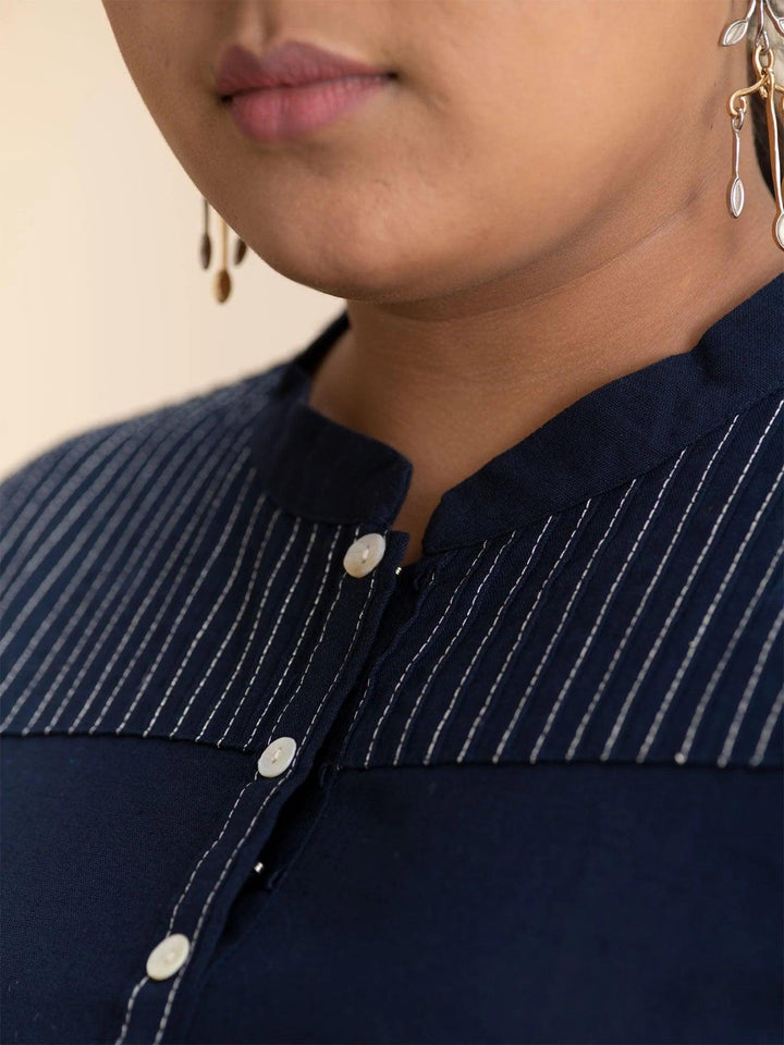 Plus Size Navy Blue Solid Cotton Kurta - ShopLibas