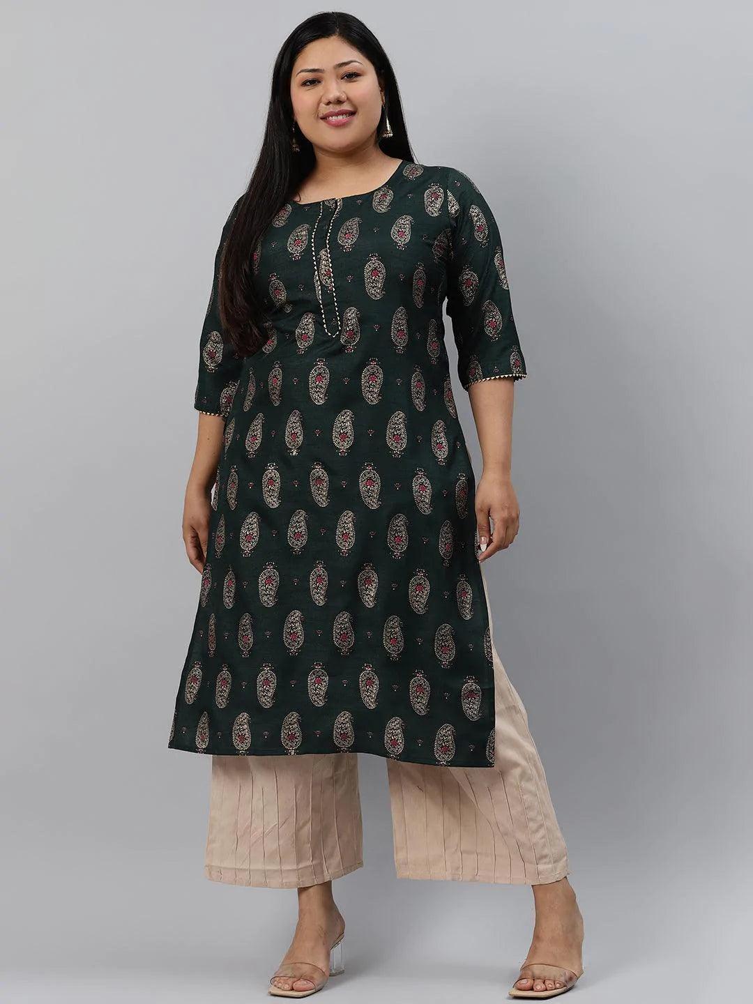 Plus Size Green Printed Silk Kurta - ShopLibas