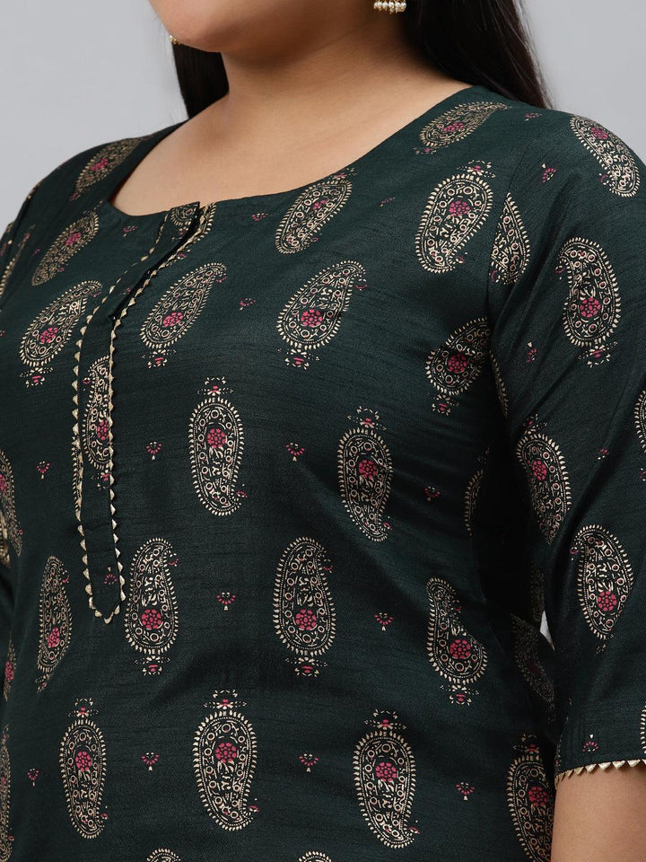 Plus Size Green Printed Silk Kurta - ShopLibas