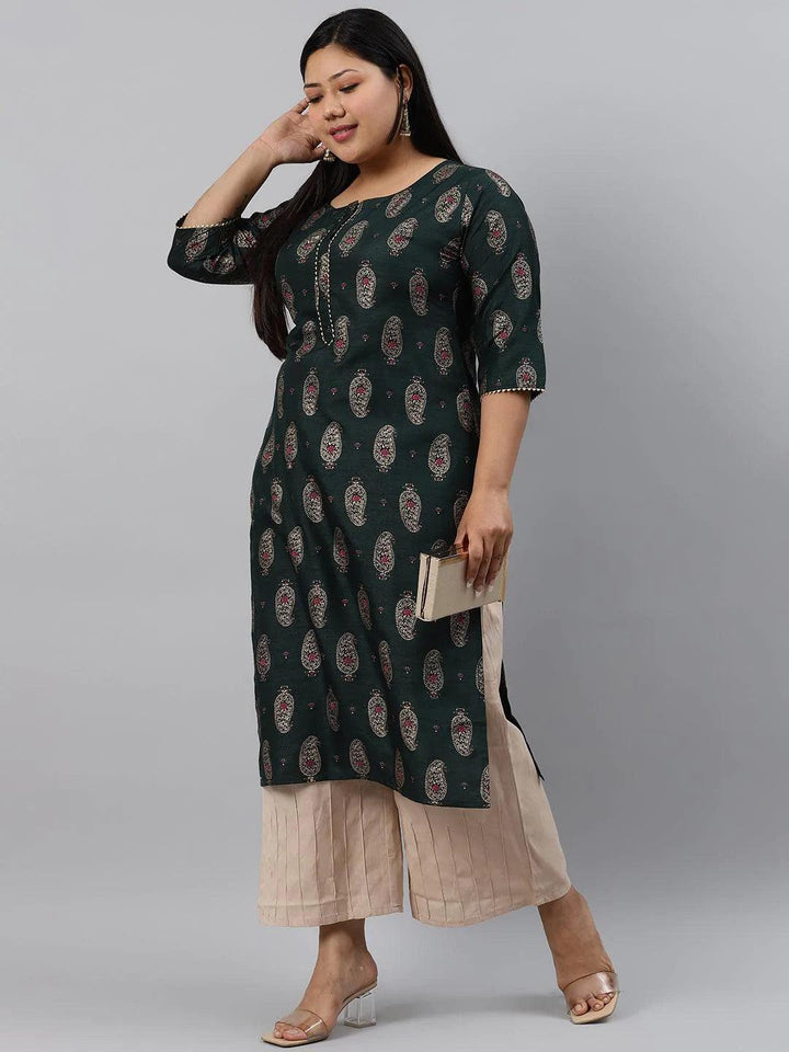 Plus Size Green Printed Silk Kurta - ShopLibas