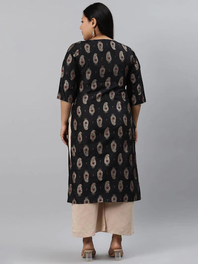Plus Size Black Printed Silk Kurta - ShopLibas