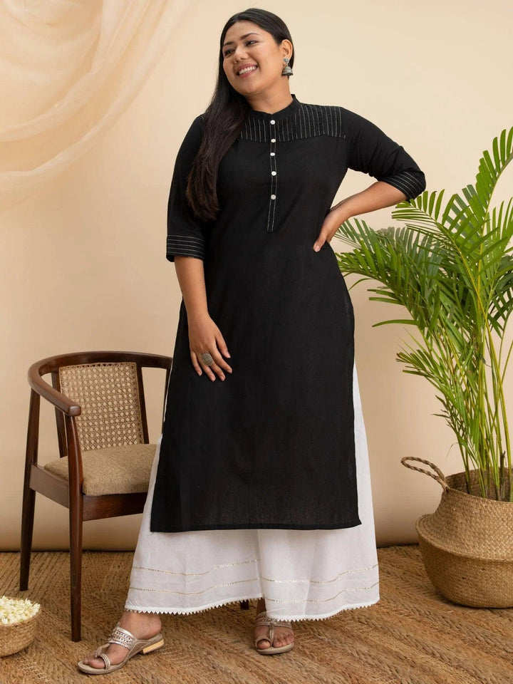 Plus Size Black Solid Cotton Kurta - ShopLibas