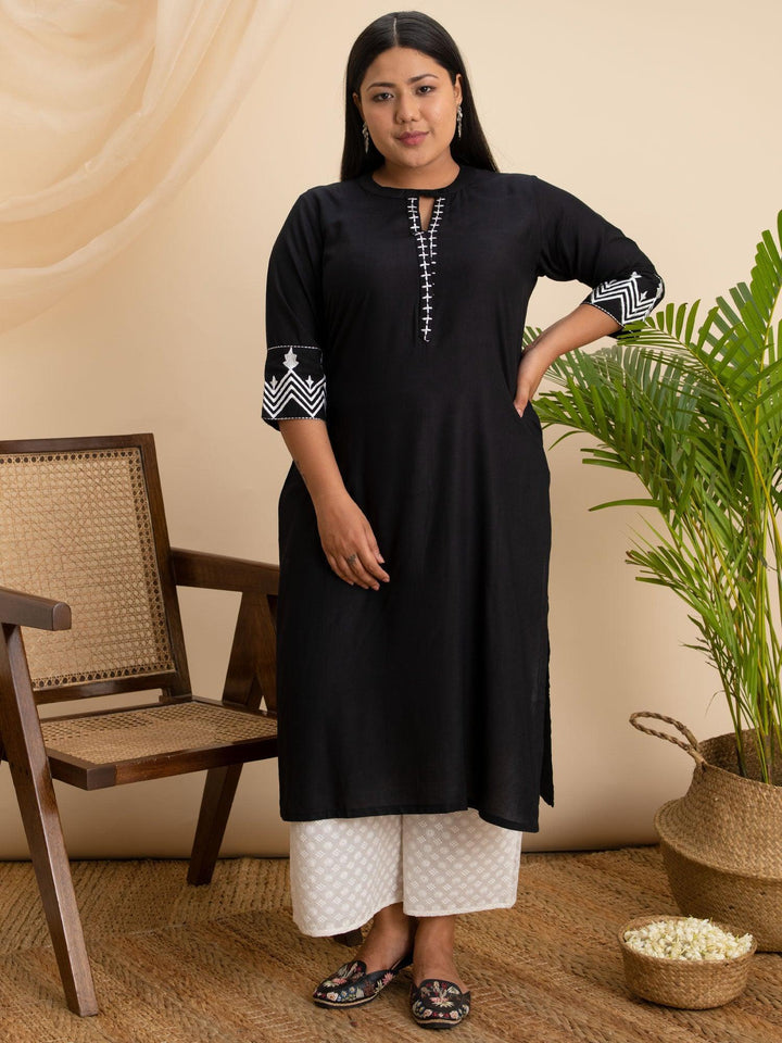 Plus Size Black Embroidered Rayon Kurta - ShopLibas