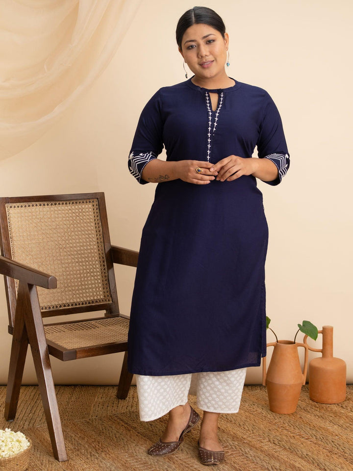 Plus Size Navy Blue Embroidered Rayon Kurta - ShopLibas