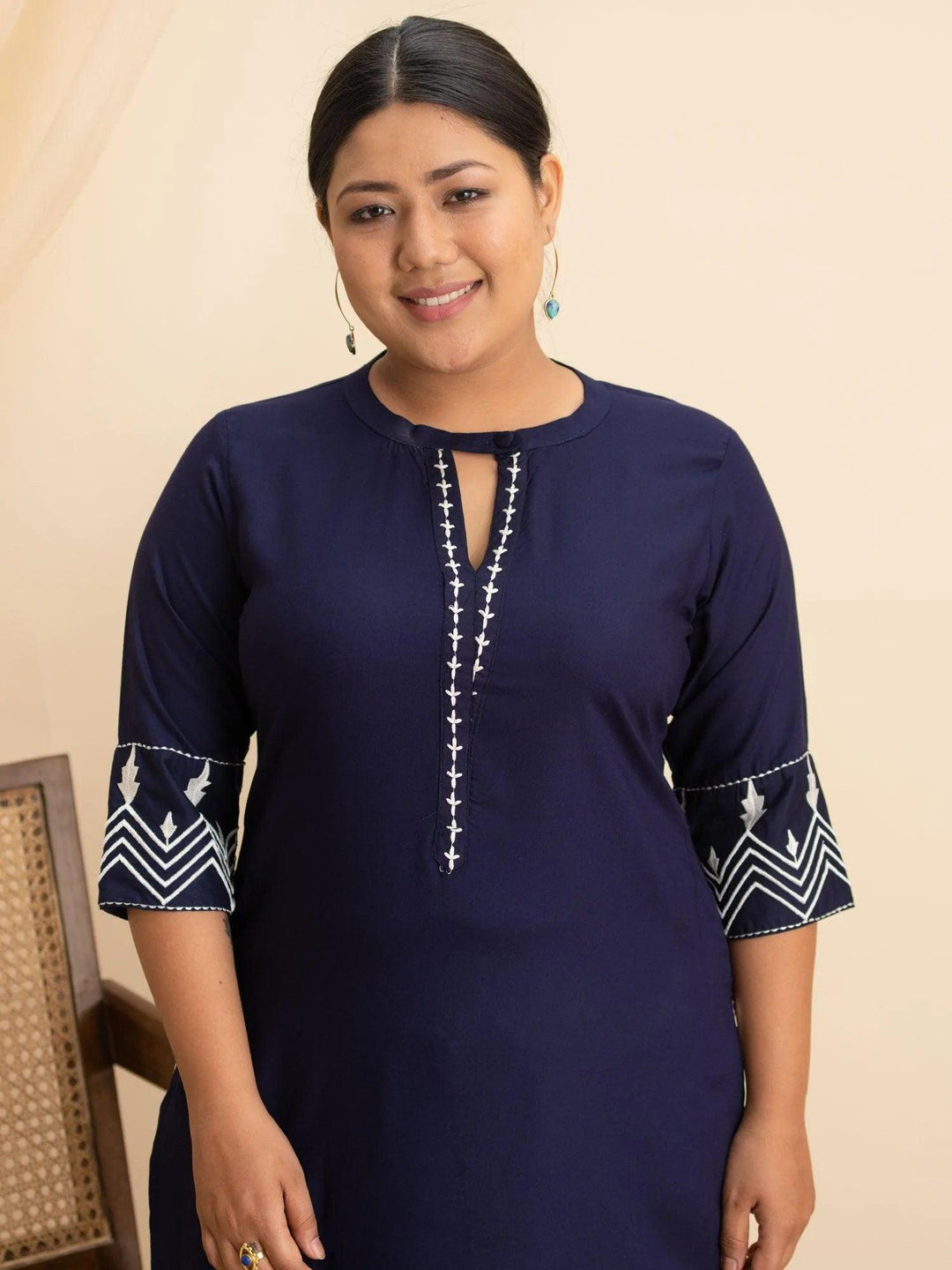 Plus Size Navy Blue Embroidered Rayon Kurta - ShopLibas