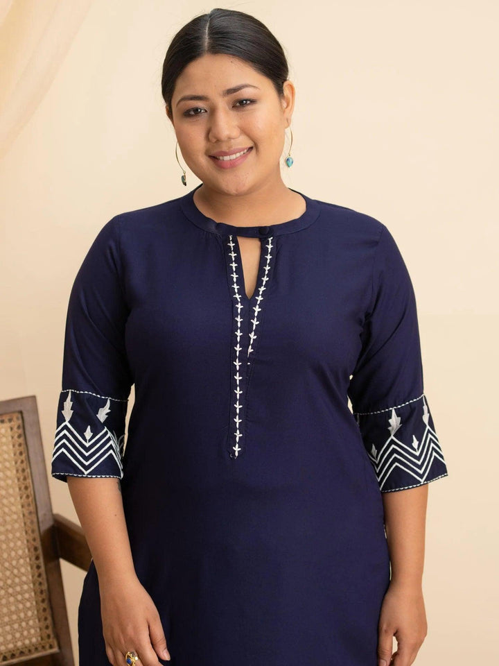 Plus Size Navy Blue Embroidered Rayon Kurta - ShopLibas