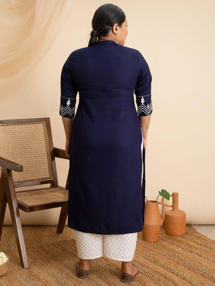 Plus Size Navy Blue Embroidered Rayon Kurta - ShopLibas