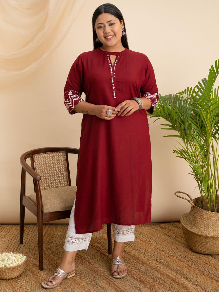 Plus Size Maroon Embroidered Rayon Kurta - ShopLibas