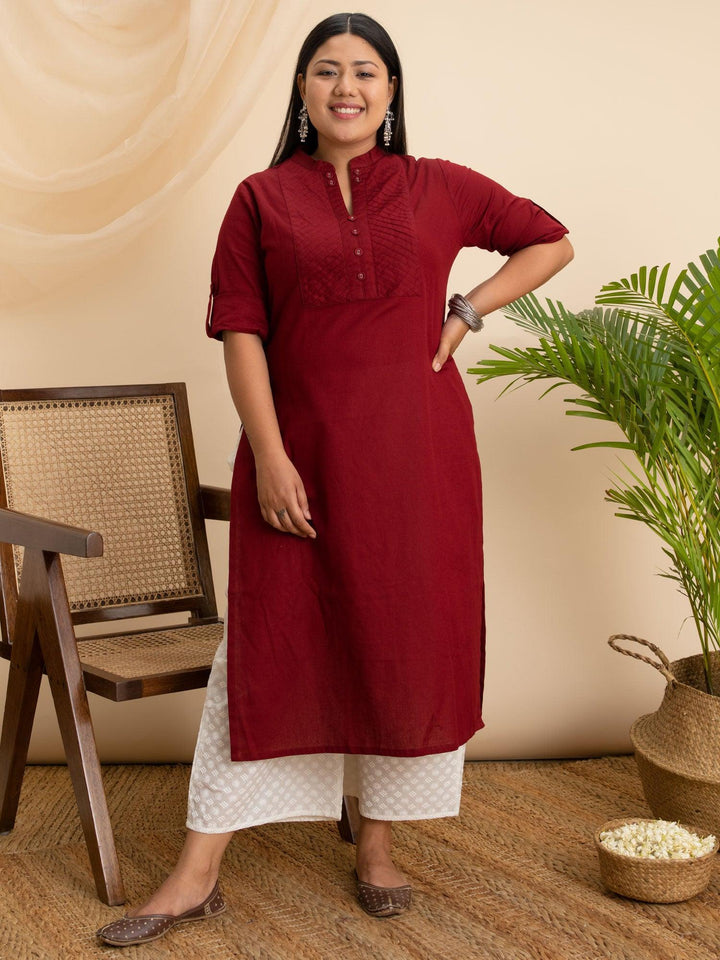 Plus Size Maroon Solid Cotton Kurta - ShopLibas