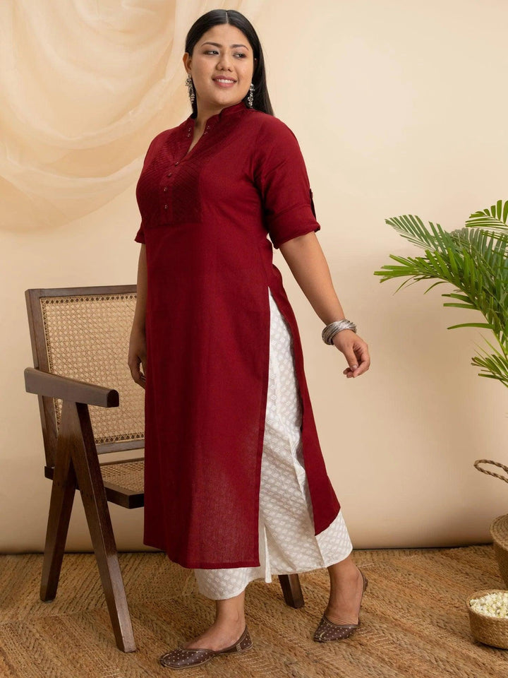 Plus Size Maroon Solid Cotton Kurta - ShopLibas