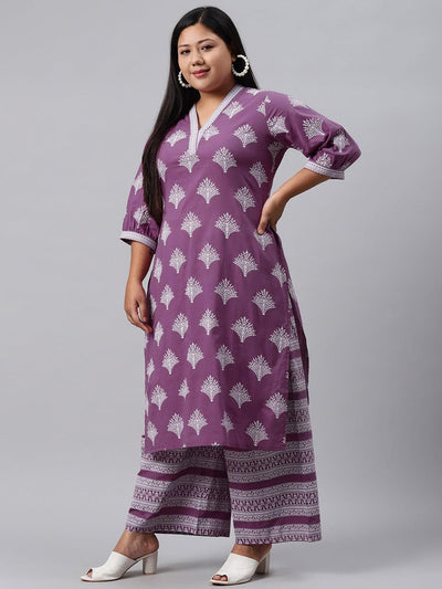 Plus Size Purple Printed Cotton Kurta - ShopLibas