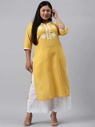 Plus Size Yellow Embroidered Cotton Kurta - ShopLibas
