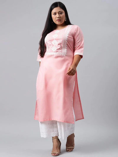 Plus Size Pink Embroidered Cotton Kurta - ShopLibas