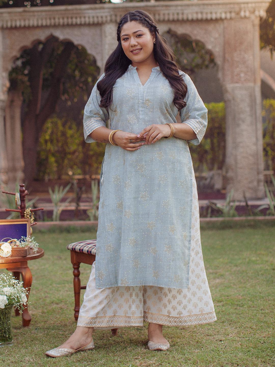 Plus Size Grey Printed Chanderi Silk Kurta - ShopLibas