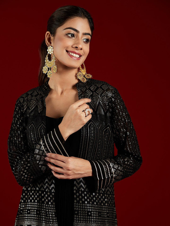 Libas Art Black Sequinned Georgette Jacket Dress - ShopLibas