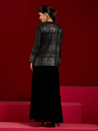 Libas Art Black Sequinned Georgette Jacket Dress - ShopLibas