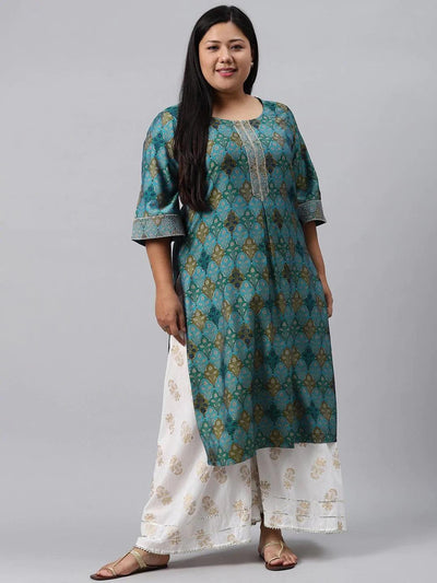 Plus Size Blue Printed Chanderi Silk Kurta - ShopLibas