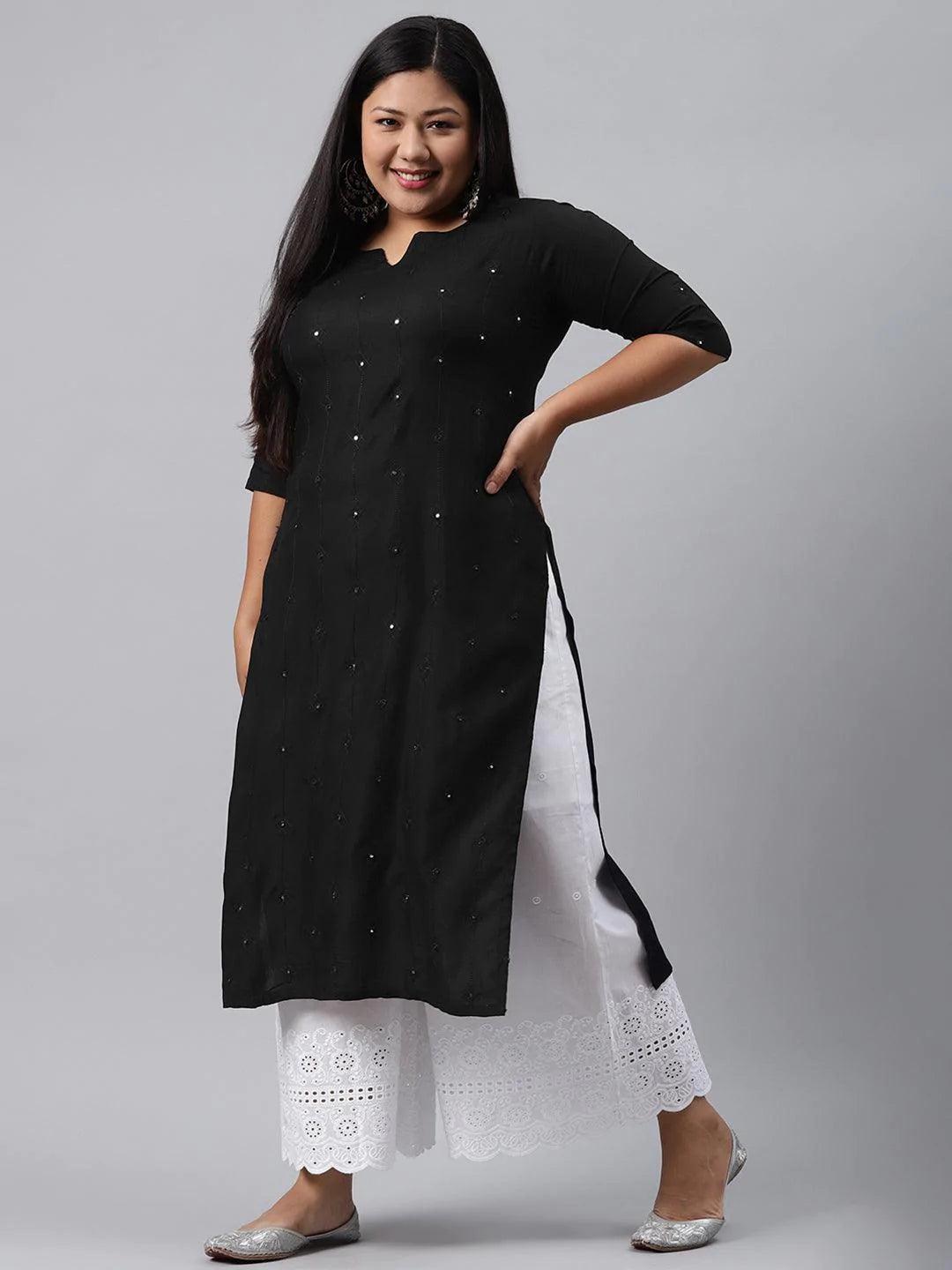 Plus Size Black Embroidered Rayon Kurta - ShopLibas