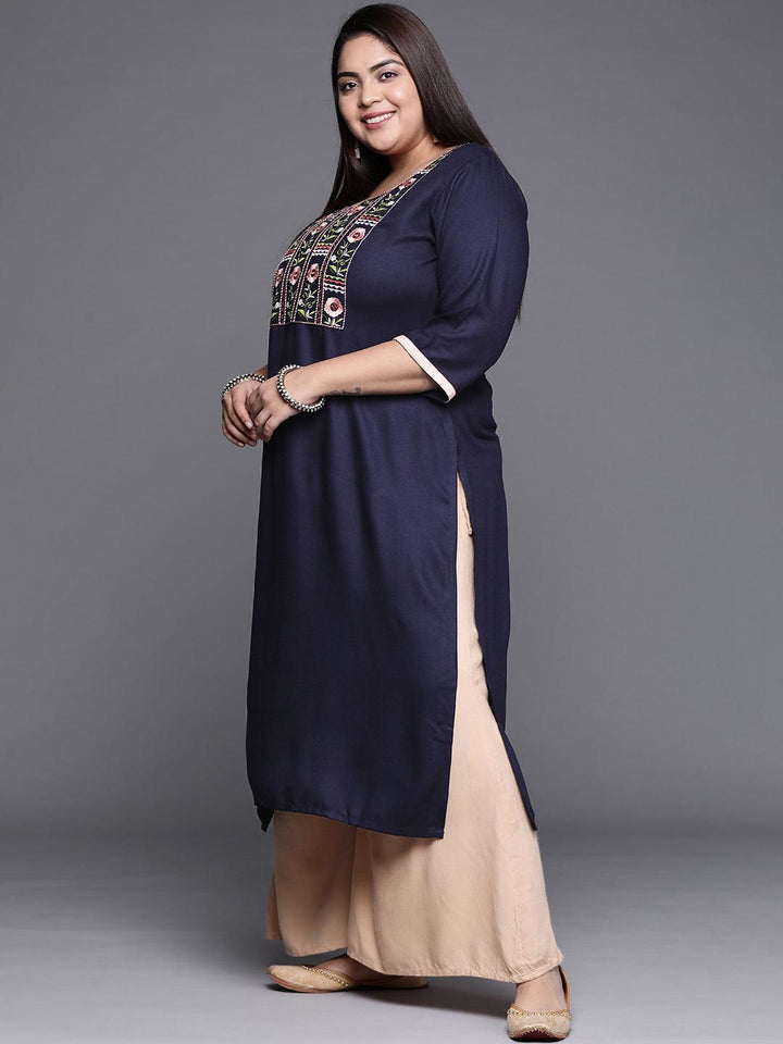 Plus Size Navy Blue Solid Wool Kurta - ShopLibas