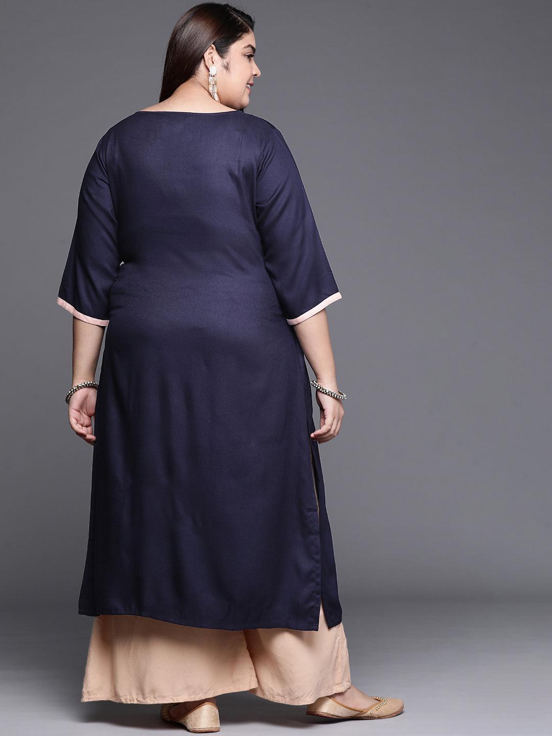 Plus Size Navy Blue Solid Wool Kurta - ShopLibas