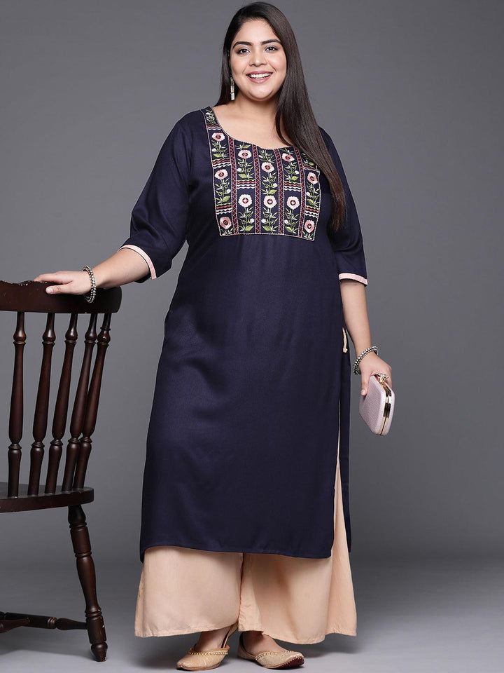 Plus Size Navy Blue Solid Wool Kurta - ShopLibas