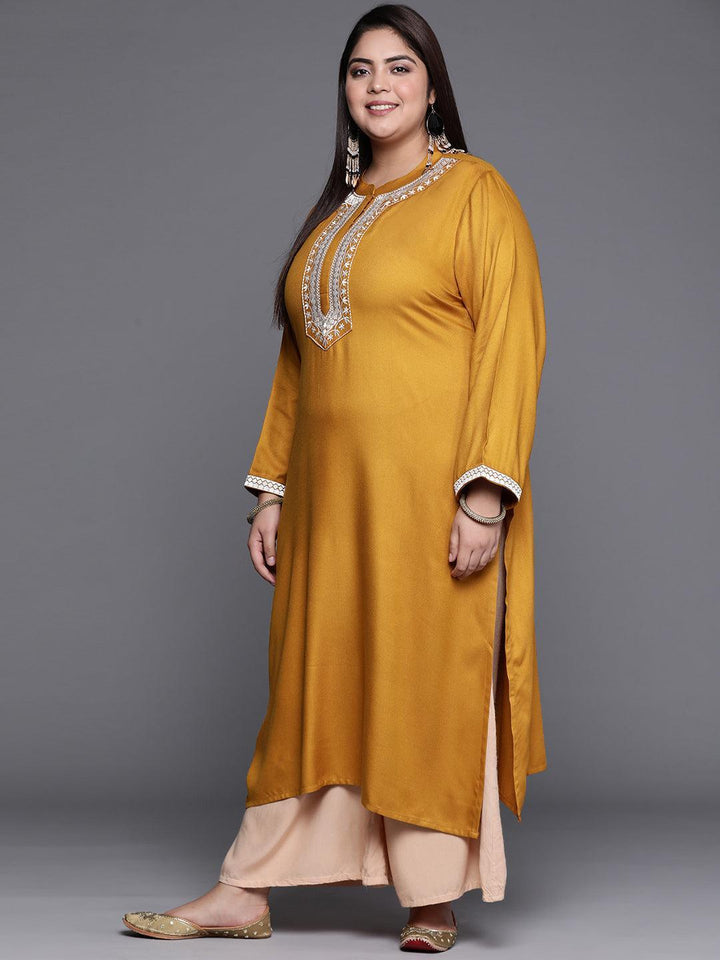 Plus Size Mustard Solid Wool Kurta - ShopLibas