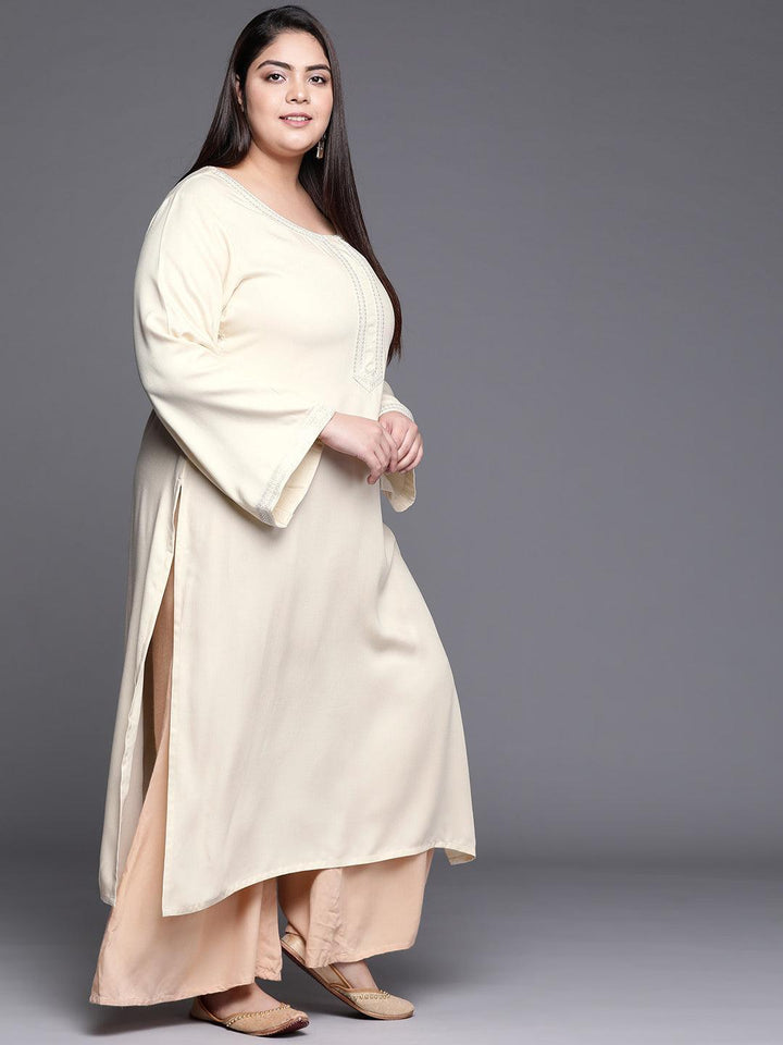 Plus Size Cream Embroidered Wool Kurta - ShopLibas