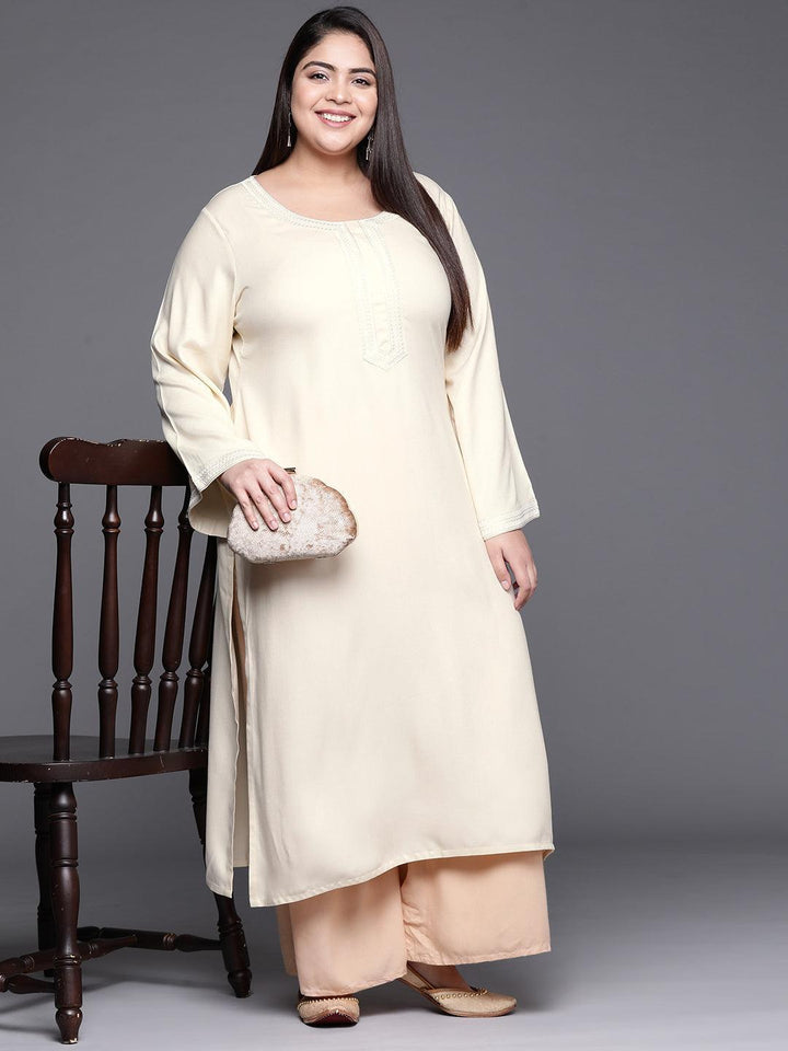 Plus Size Cream Embroidered Wool Kurta - ShopLibas