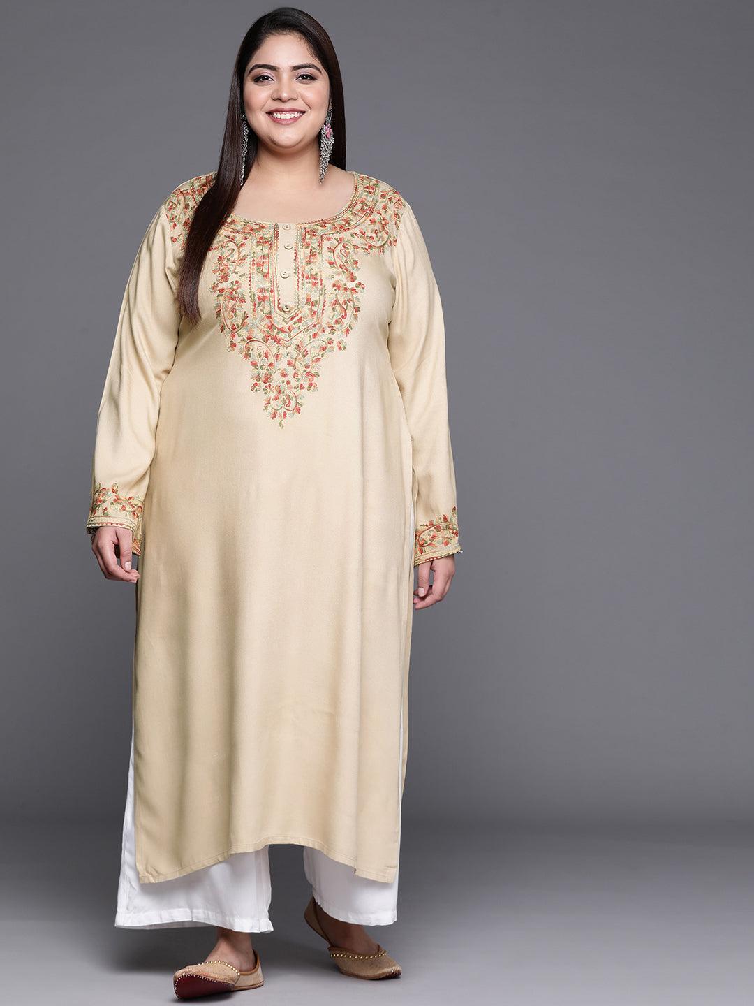 Plus Size Beige Embroidered Wool Kurta - ShopLibas