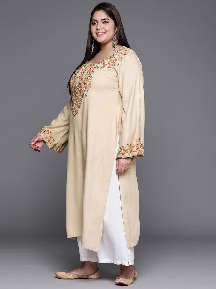Plus Size Beige Embroidered Wool Kurta - ShopLibas