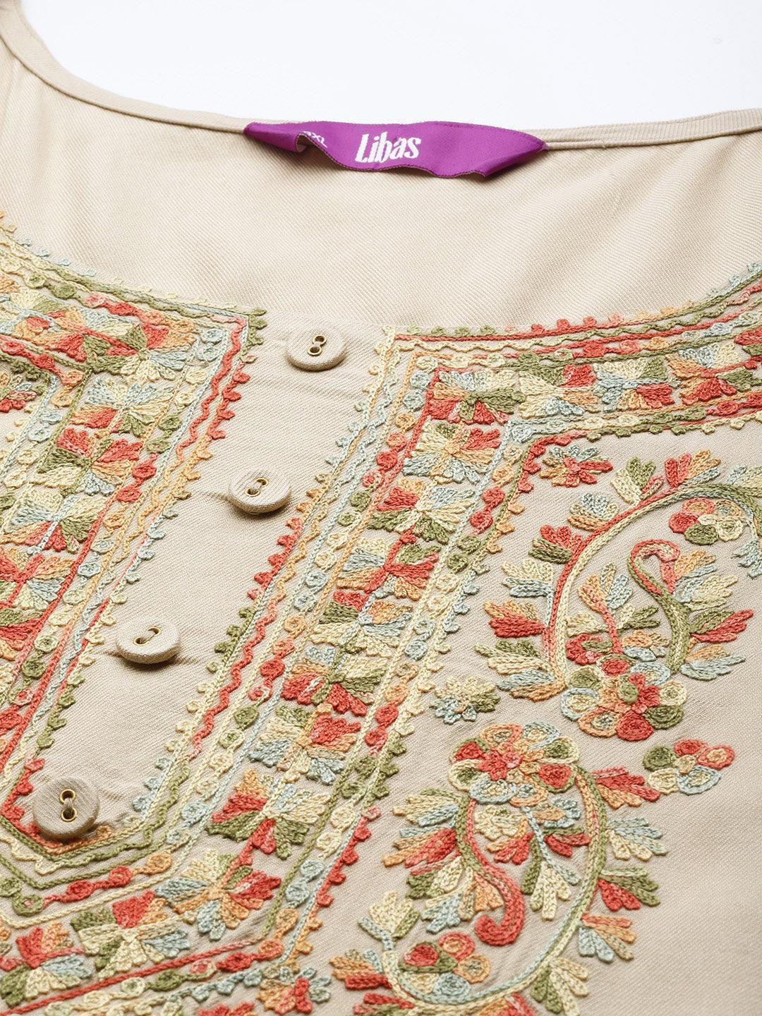 Plus Size Beige Embroidered Wool Kurta - ShopLibas