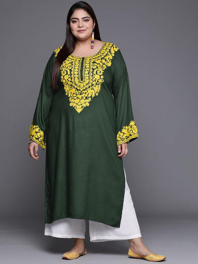 Plus Size Green Embroidered Wool Kurta - ShopLibas