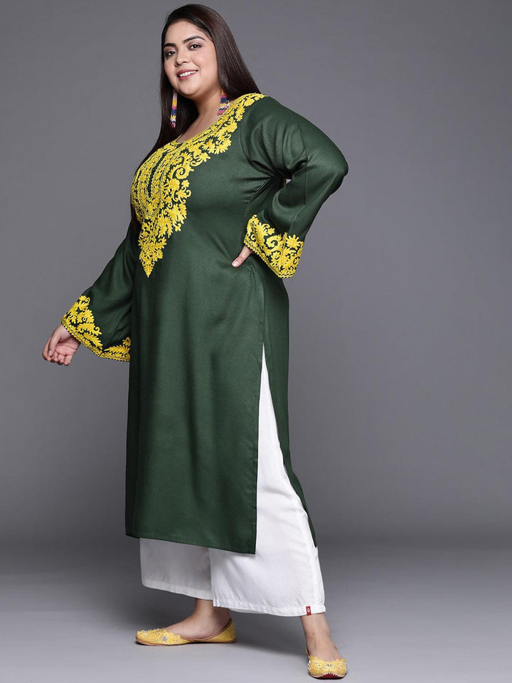 Plus Size Green Embroidered Wool Kurta - ShopLibas