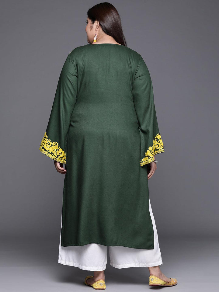 Plus Size Green Embroidered Wool Kurta - ShopLibas