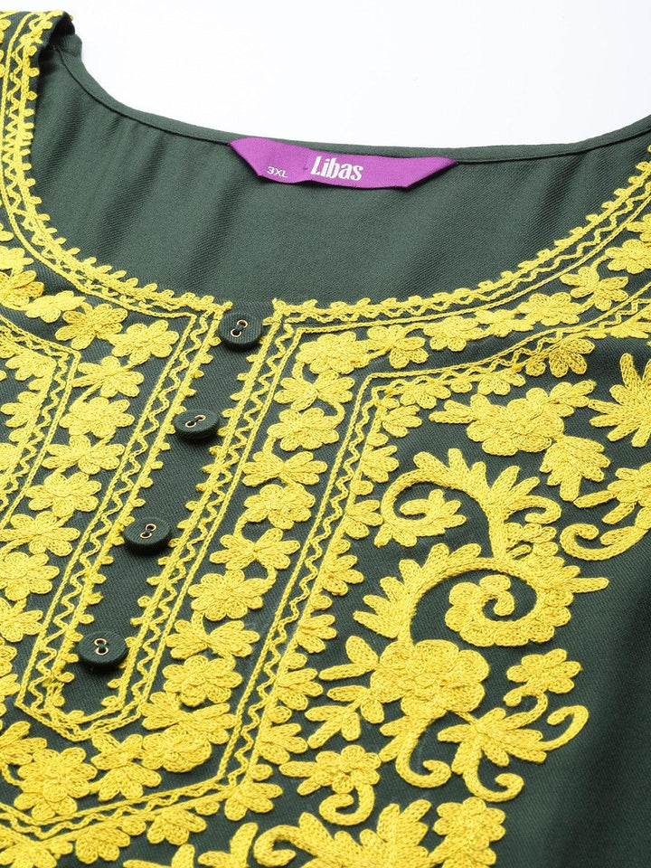 Plus Size Green Embroidered Wool Kurta - ShopLibas