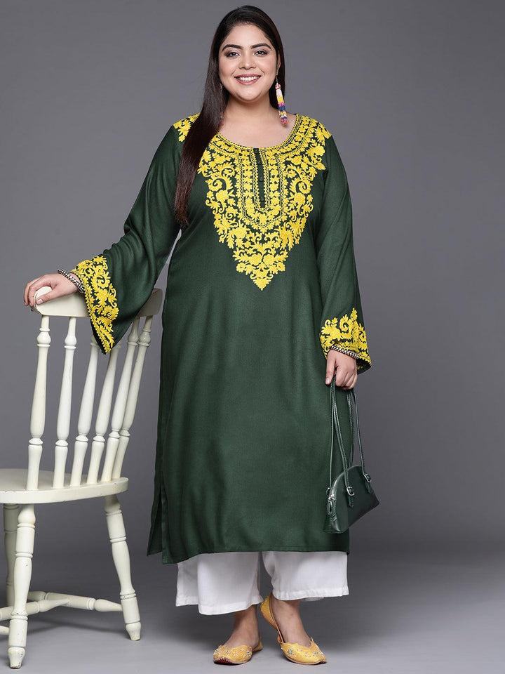 Plus Size Green Embroidered Wool Kurta - ShopLibas