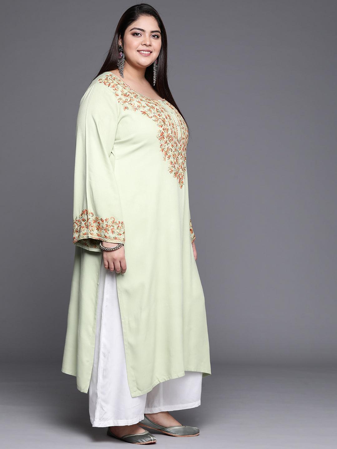 Plus Size Green Embroidered Wool Kurta - ShopLibas